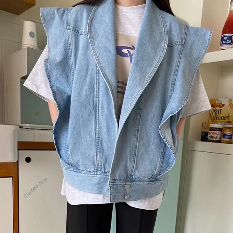 

2022 Korea Chic Summer Casual Lapel Ruffled Loose Blue Sleeveless Vest Jacket Women Summer Blue Trendy Ladies Clothing