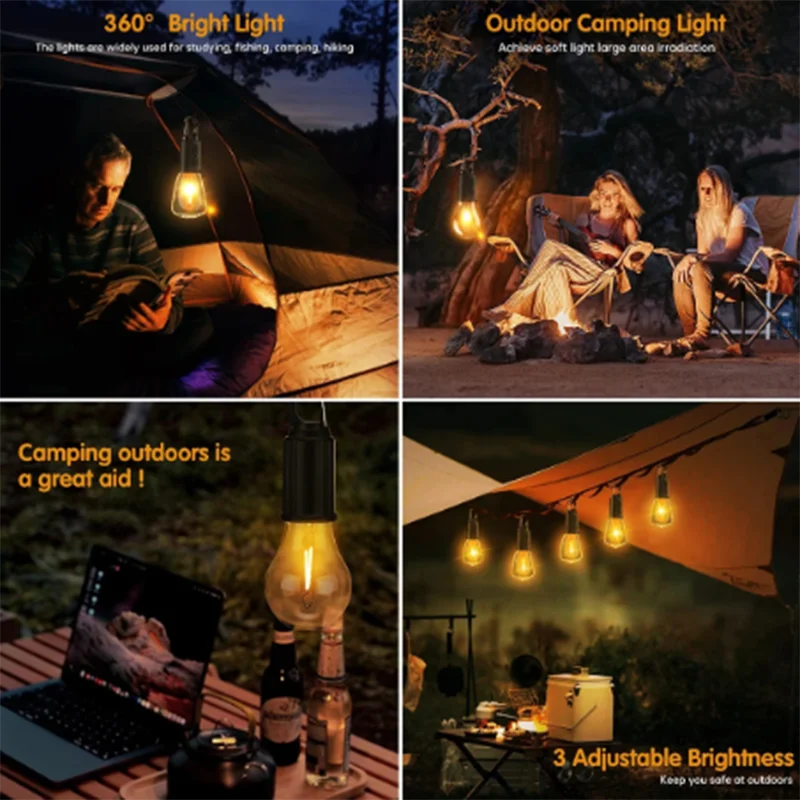 2024 new LED Camping Lights USB Rechargeable Dimmable Vintage Light Bulbs with Hook Outdoor Camping Hiking Tent Lantern 3