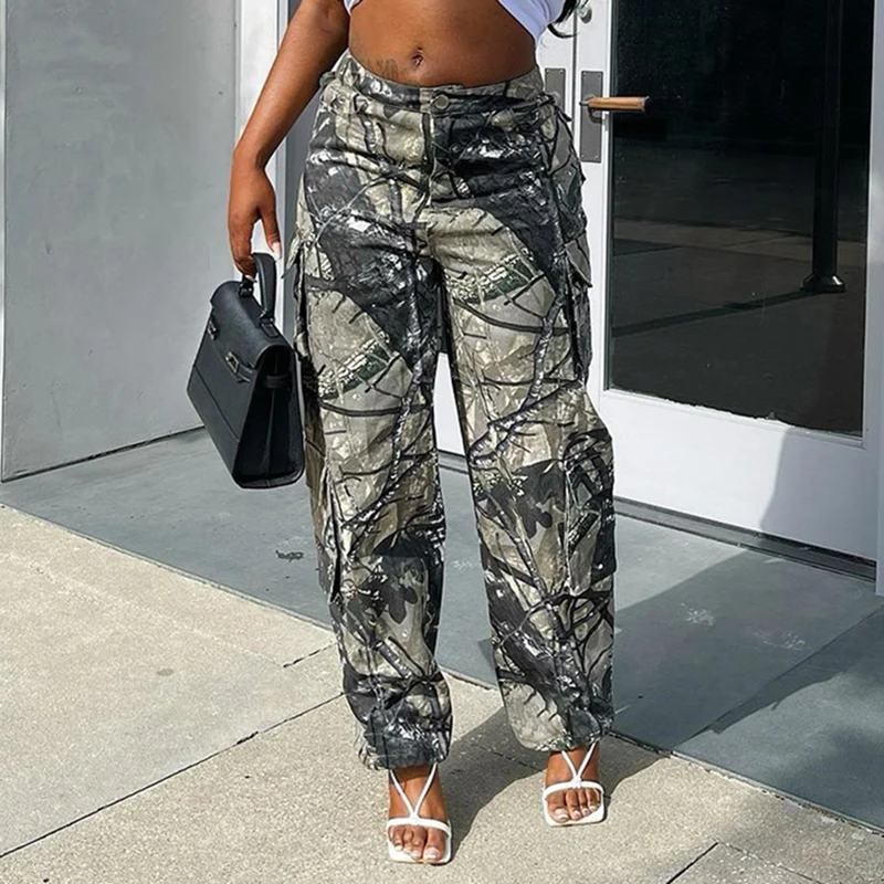 

Women Camo Cargo Pants 2023 Summer Fashion Mid Waist Loose Straight Leg Pant Woman Causal Big Pocket Trousers Vintage Streetwear