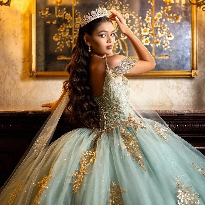 Elegant Green Quinceanera Dresses Gold Lace Applique Beaded Backless Sweet  15 16 | eBay