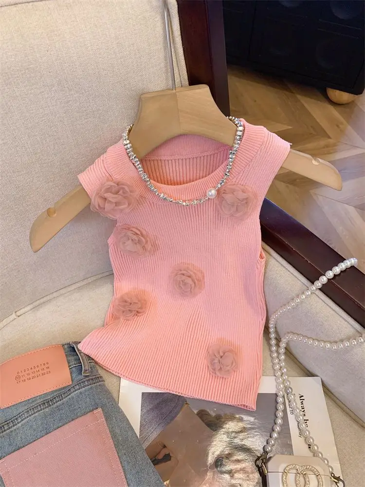 

Dopamine Pink Camellia Patchwork Camisole Top Women's Summer 2024 High-end Ice Silk Knitted Sleeveless Top