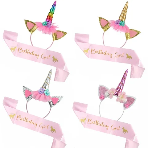 

2pcs Birthday Girl Unicorn Headband with Sash Baby Shower Girl 1st One Year Birthday Party Decorations kids Unicorn Party Supply