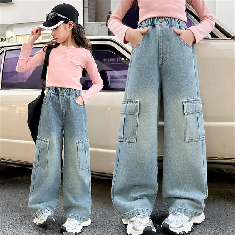 Mädchen Cargo-Jeans Kinder Lässige Weite Hosen Teenager Mode Streetwear Baggy Hosen Kinderkleidung 5-12 Jahre – Detail 2