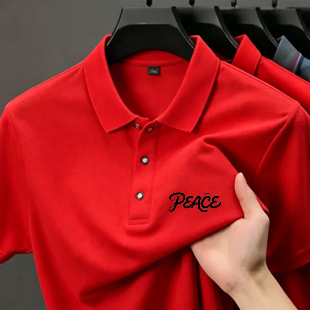 Polo da uomo con risvolto, stampa lettere corsive PEACE, in tessuto piqué traspirante, a maniche corte, casual, per tutti i giorni, da golf - immagine 5