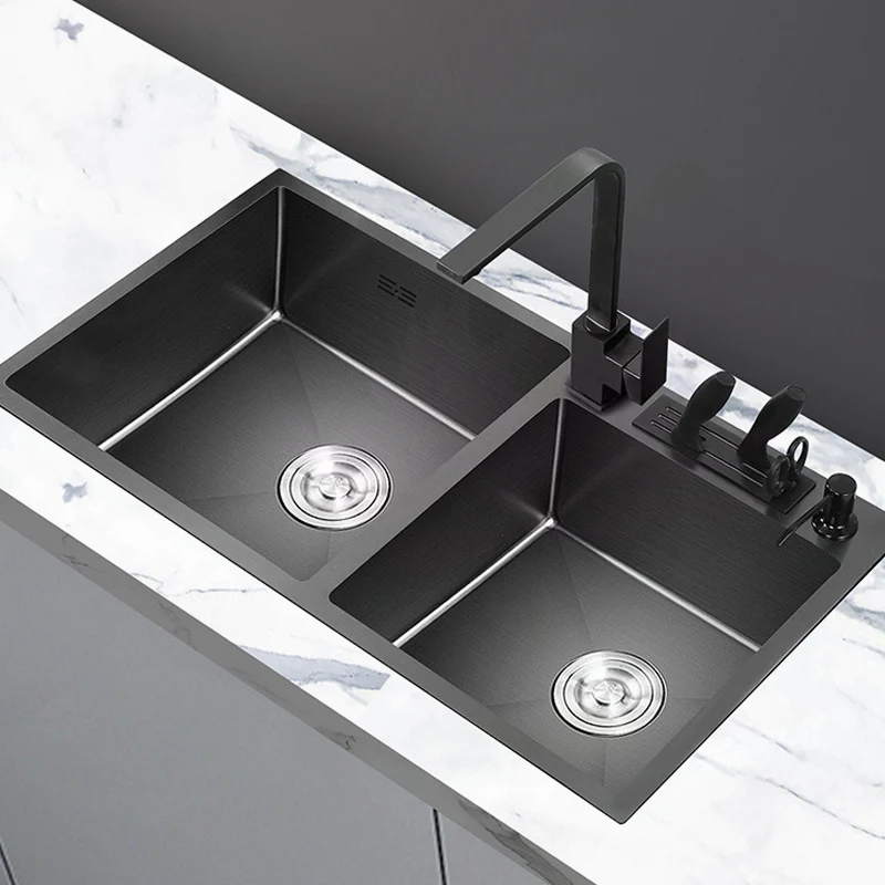 Nano Black Washing Basin 304 Stainless Steel Kitchen Sink with Knife Holder Vegetable Double Bowel Sink With Faucet Thickened