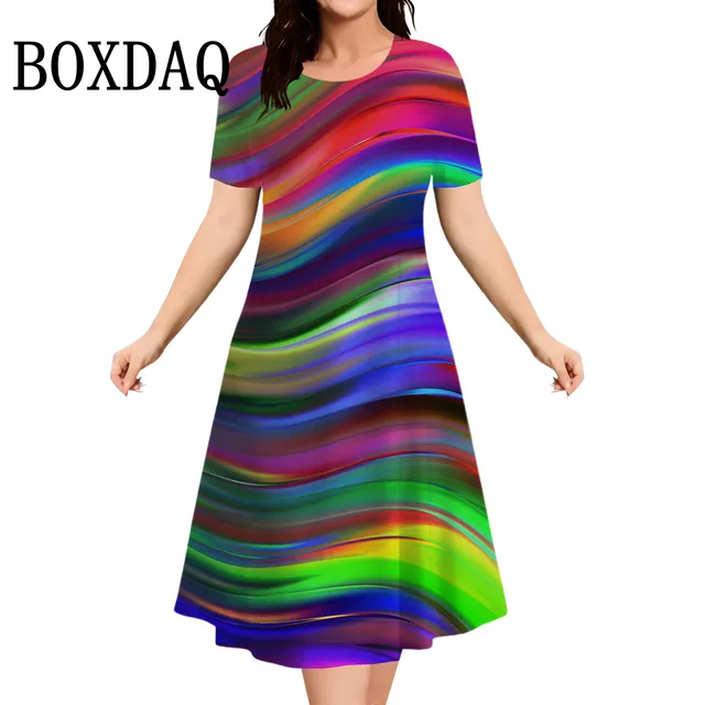 Gradient Tie Dye Striped Dresses For Women 2025 Summer Fashion Plus Size Dress Short Sleeve Loose Casual Print Dress 9XL Clothes 1