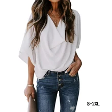 

Loose chiffon women's top 2022 spring and summer new mid-sleeve V-neck shirt women's elegant chiffon shirt