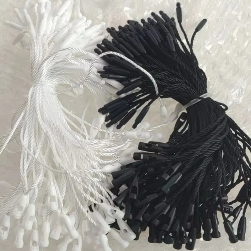 1000pcs Small Tag Strings 12CM Black polyester Garment Tag Cords Snap Lock Pin Loop Tie Fasteners White Tags Rope