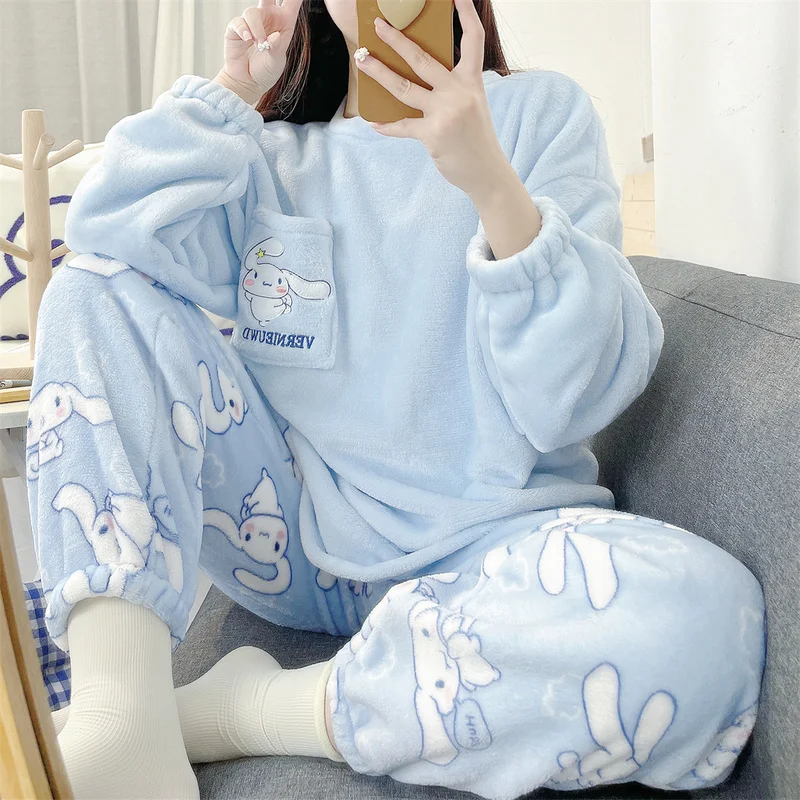 Kawaii Hot Anime Cinnamoroll Pajamas Kuromi My Melody Flannel Pullover Coral Velvet Winter Warm Pajamas Homewear Girl Gifts