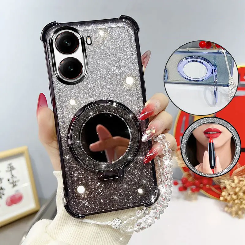 Glitter Shockproof Phone Case with Mirror Stand and Beaded Strap