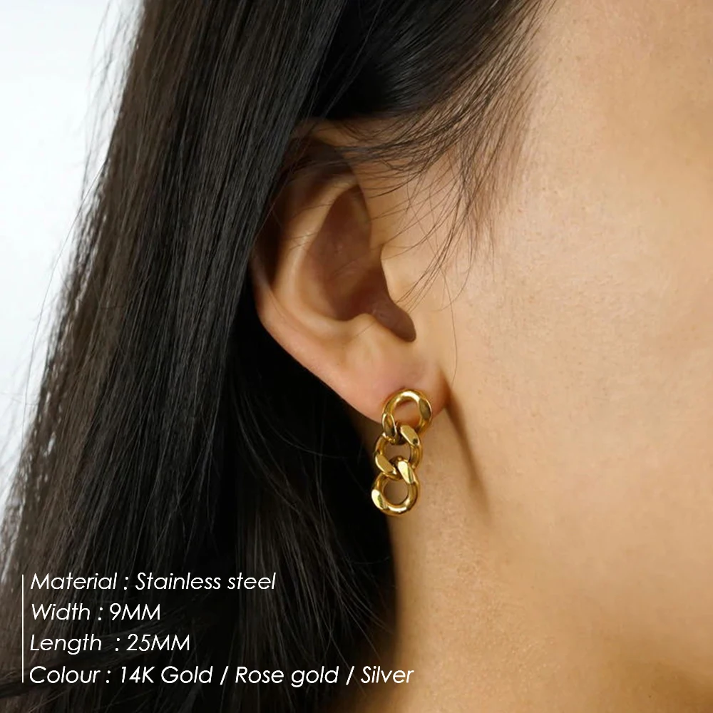 eManco Punk Cuban Link Chain Stud Earrings for Fashion Women Genuine Gold Plated Ring Clasp Dangle Rock Jewelry Gift stud earrings dangle earrings