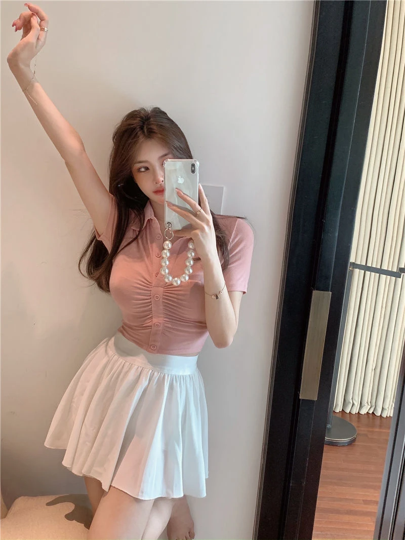 High Waist Stretch Short Cropped Navel Women's Top Sexy Y2K Solid Ladies Cardigan Shirt Fashion Women Short Sleeve145_voghion.com