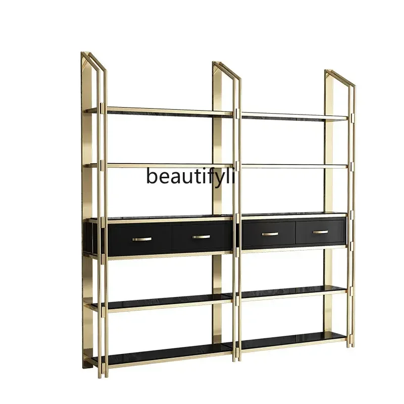 

yj Nordic Light Luxury Bookshelf Floor Shelf Living Room Golden Iron Display Rack