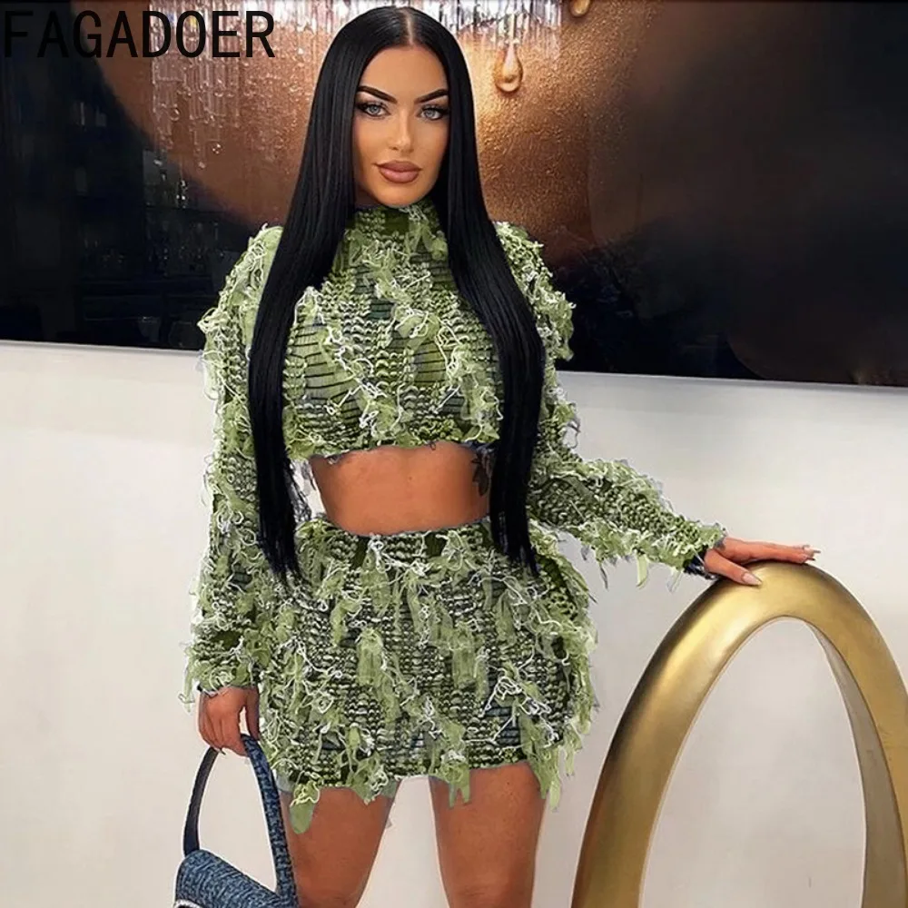 FAGADOER Fashion Streetwear Women Perspective Tassels Round Neck Long Sleeve Crop Top And Mini Skirts Two Piece Sets Outfit 2024