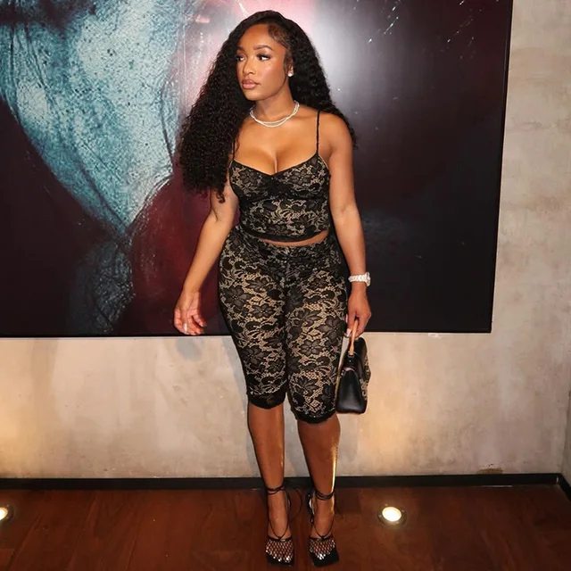 Donna Lace Hollow Out Spaghetti Strap Capri Set 5