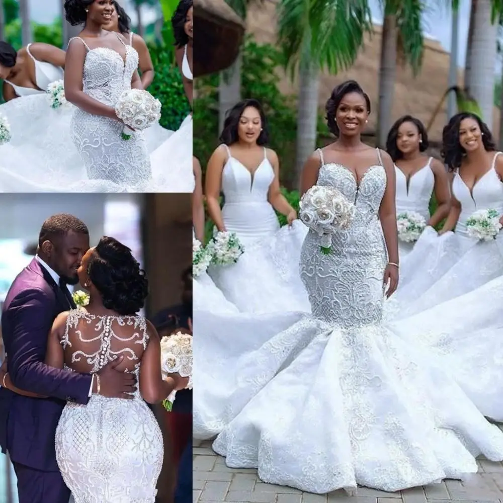 

Plus Size Wedding Dresses African Major Beading Beads Lace Appliques Sheer Back Buttons Mermaid Gowns vestido de noiva