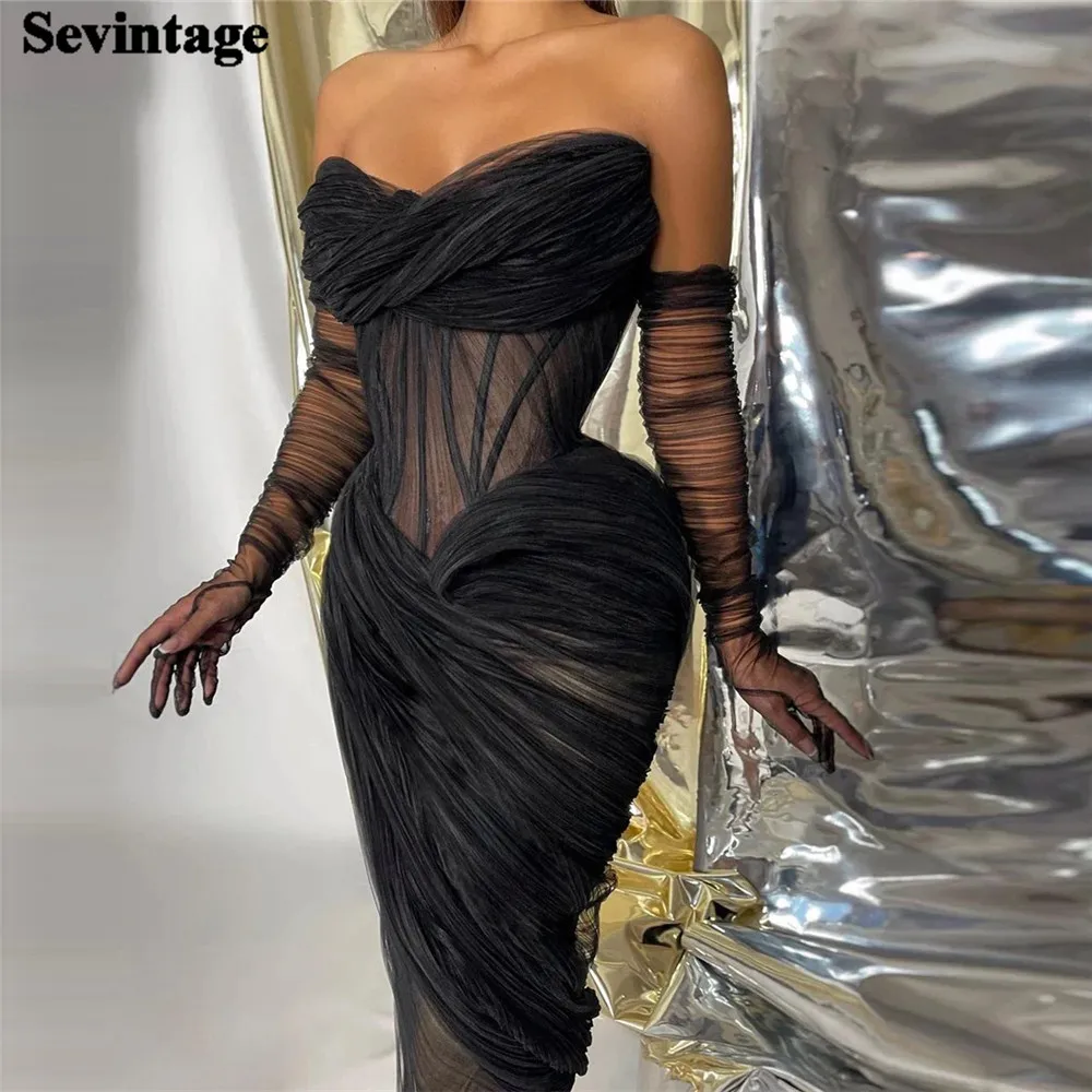 

Sevintage Sexy Black Tulle Prom Dress Mermaid Strapless Pleated Fitted Bone Ankle Length Formal Evening Dresses Women Party Gown