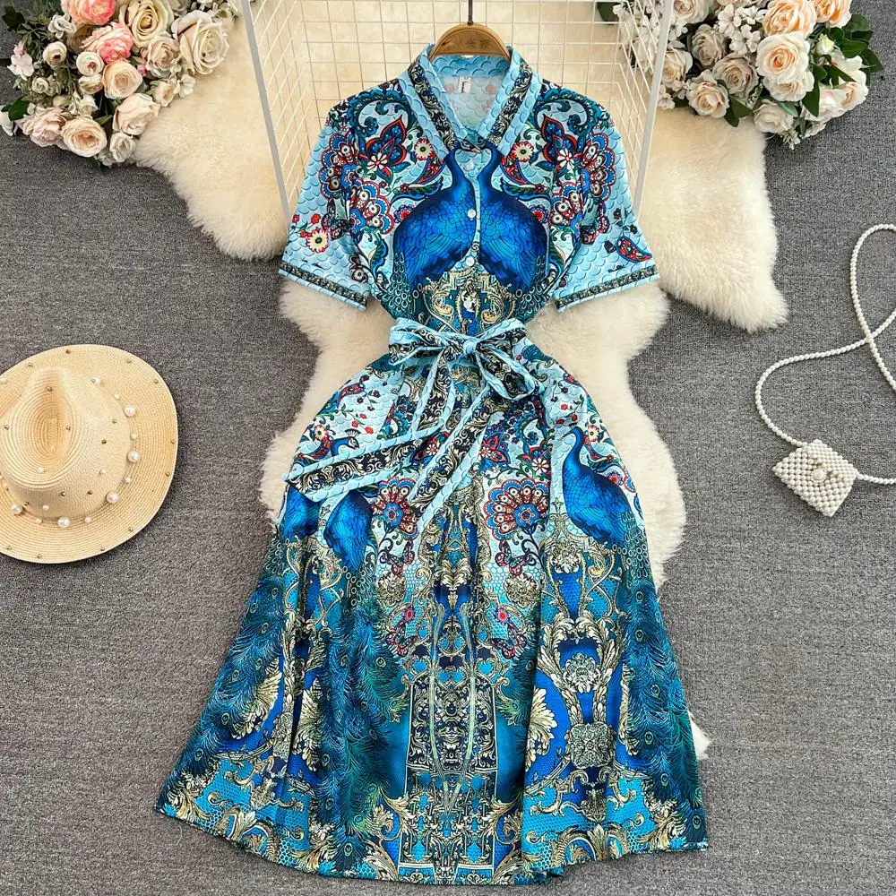 

Женское платье-рубашка с коротким рукавом, модельное синее ТРАПЕЦИЕВИДНОЕ ПЛАТЬЕ с принтом, платье для отпуска на пуговицах с поясом, лето 2019