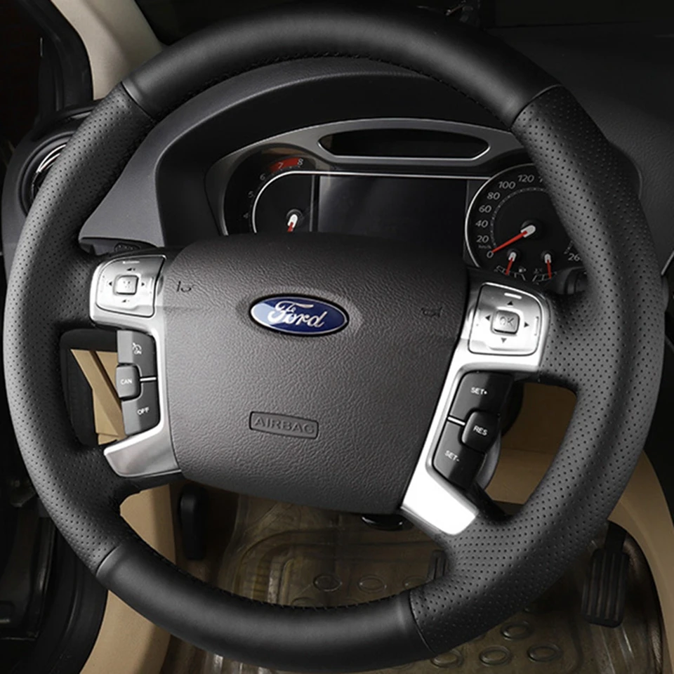 Schwarze hand genähte Auto lenkrad abdeckung aus echtem Leder für Ford Mondeo Galaxy S-Max 2006-2015 – Detail 1