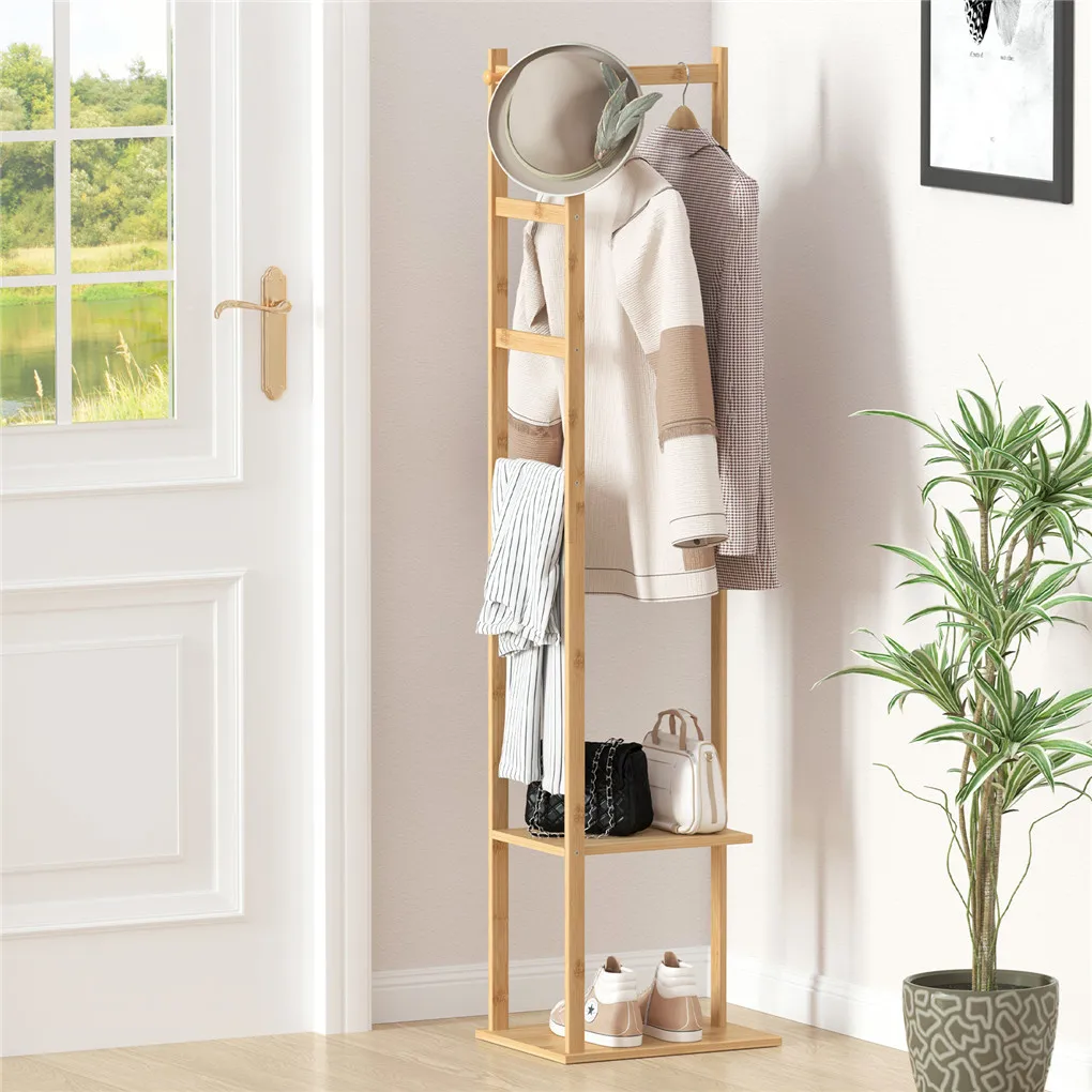 Bamboo Garment Rack, Clothing Rack with 2 Tier Storage Shelves, Wooden Garment Rack, Clothes Hanging Rack, Cloest Organizer — view 5