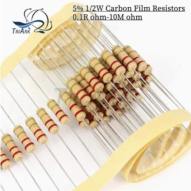 50PCS 1/2W 5% 0.1R~10M Carbon Film Resistors 100R 220R 1K 1.5K 2.2K 3K 4.7K 10K 22K 47K 100K 1M 100 220 2K 4K7 Ohm Resistance 1