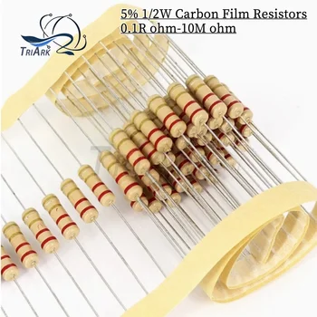50PCS 1/2W 5% 0.1R~10M Carbon Film Resistors 100R 220R 1K 1.5K 2.2K 3K 4.7K 10K 22K 47K 100K 1M 100 220 2K 4K7 Ohm Resistance 1