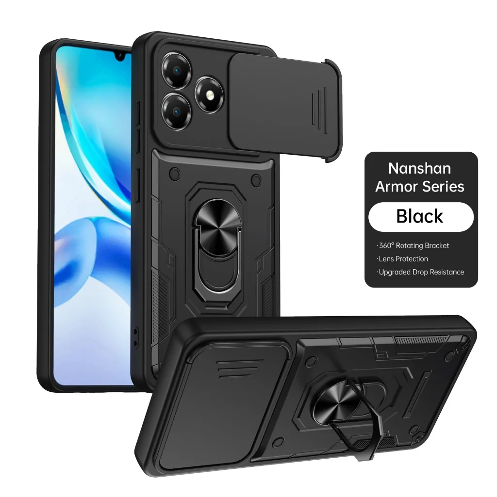 Shockproof Armor Phone Case with Slide Camera Protection and 360° Rotating Ring Holder Kickstand