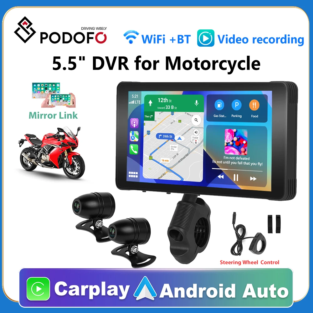 Podofo Moto Wireless Carplay Android Auto Player Moto Car Dvr Loop Record 5.5 "Ips Touch Screen Monitor Bt Connessione Wifi