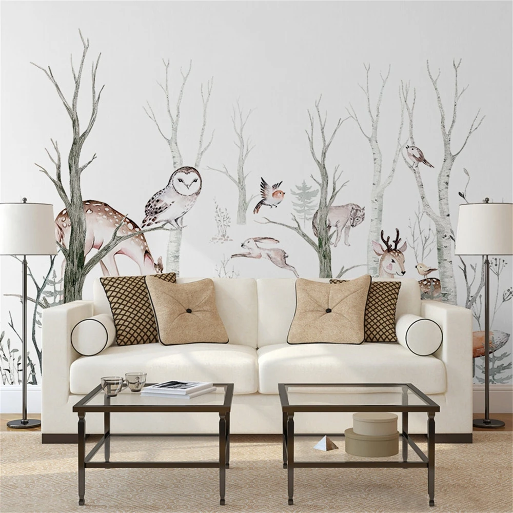 Personalizado Nordic dos Desenhos Animados Animais Abstrato Floresta Mural Papel de Parede para o Quarto das Crianças da Menina do Menino Murais Fundo
