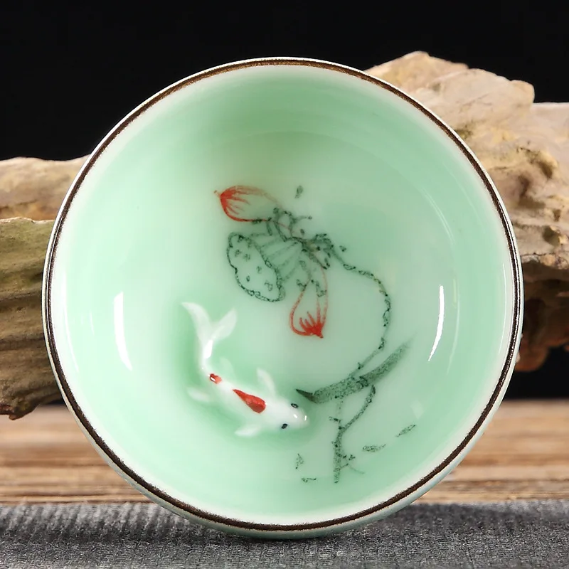 60ml Celadon Chinese Kung Fu Tea Set Round Flat Lotus Carp Pu'er Tea Cups Hand-painted Ceramic Single Carp Teacup tea cup