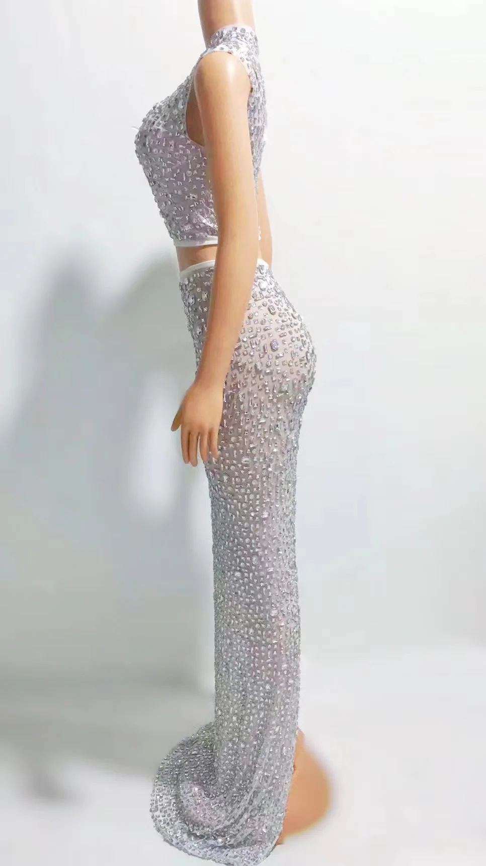 Elegant Sexy Rhinestone Two-Piece Set Evening Dress for Women Elastic Wedding Birthday Celebration Sexy Rhinestone Dress