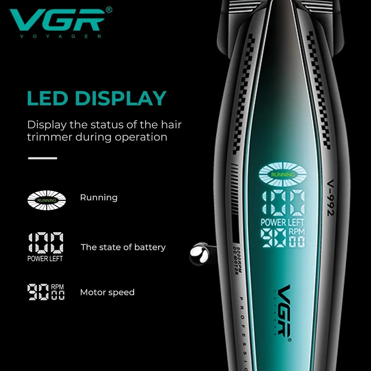 VGR Professional Hair Trimmer Barber Hair Cutting Machine Rechargeable Clippers 9000 RPM LED Display Trimmer for Men V-992
