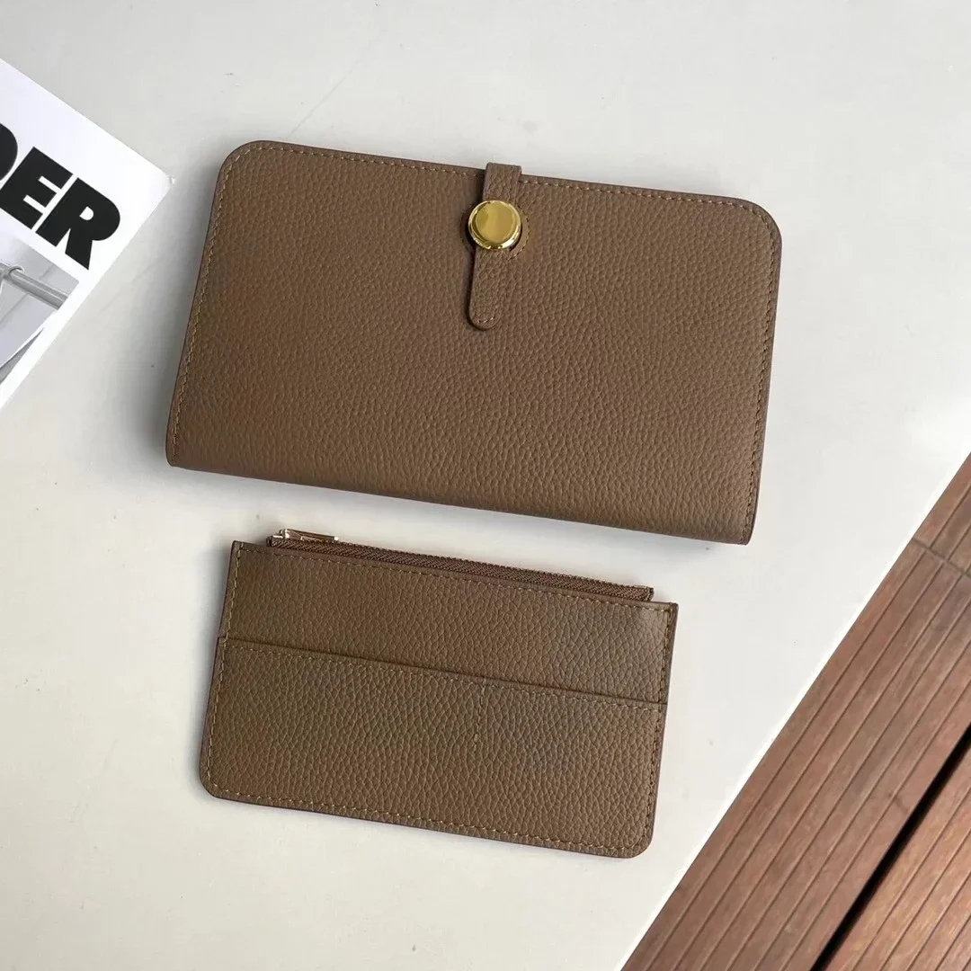 Genuine leather long lady's handbag with multiple compartments fashionable wallet large capacity thin passport clip gold buckle