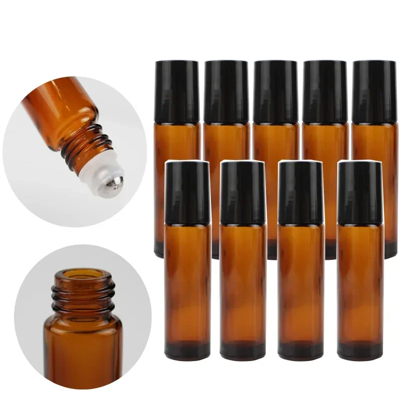 10/20/50pcs 10ml 앰버 에센셜 오일 용 빈 리필 롤 온 병 스테인레스 스틸 롤러 볼이있는 데오도란트 용기