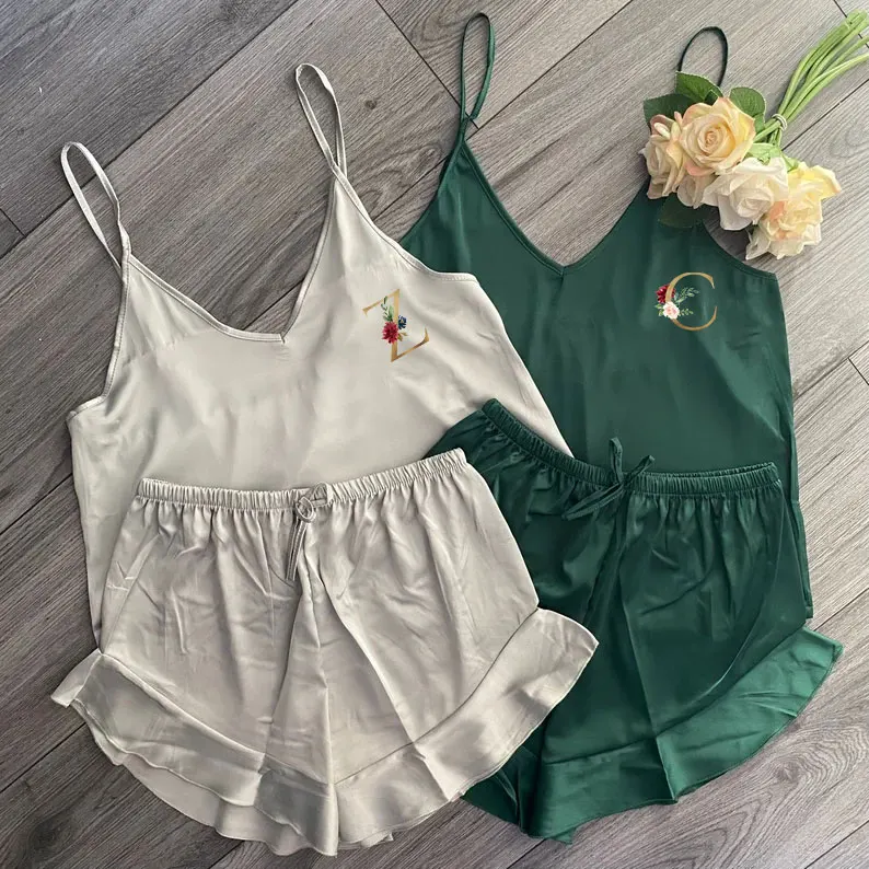 Satin Ruffle Cami Set Personalised Wedding Pjs Bridesmaid Gift