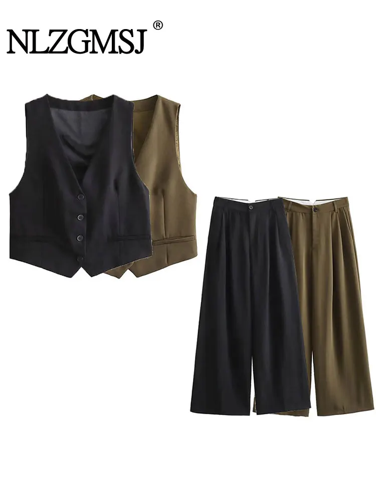 

Осенний женский модный повседневный комплект из 2 предметов Nlzgmsj TRAF 2023, однобортный жилет без рукавов + однотонные широкие брюки