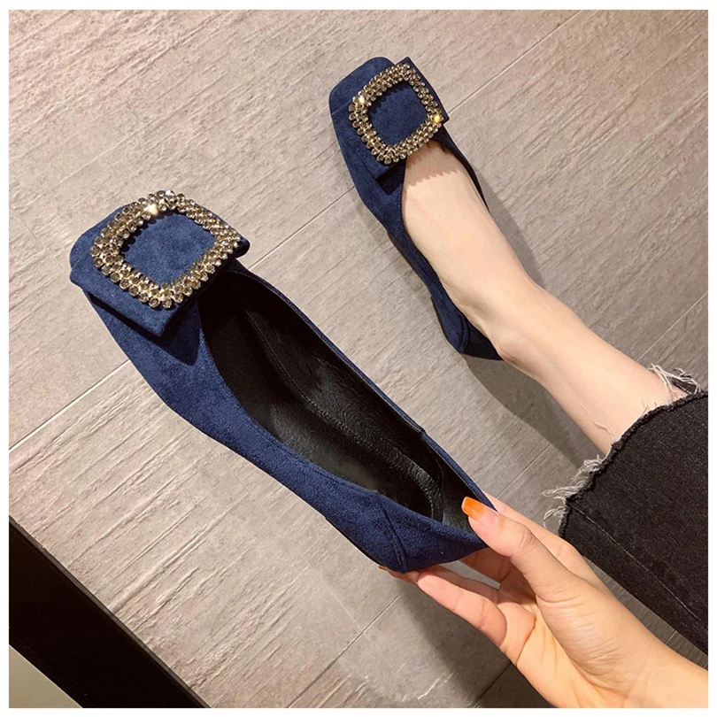 Square toe flat shoes for women spring summer new square buckle diamond shallow cut women shoes boat shoes large size 44 45 46 3