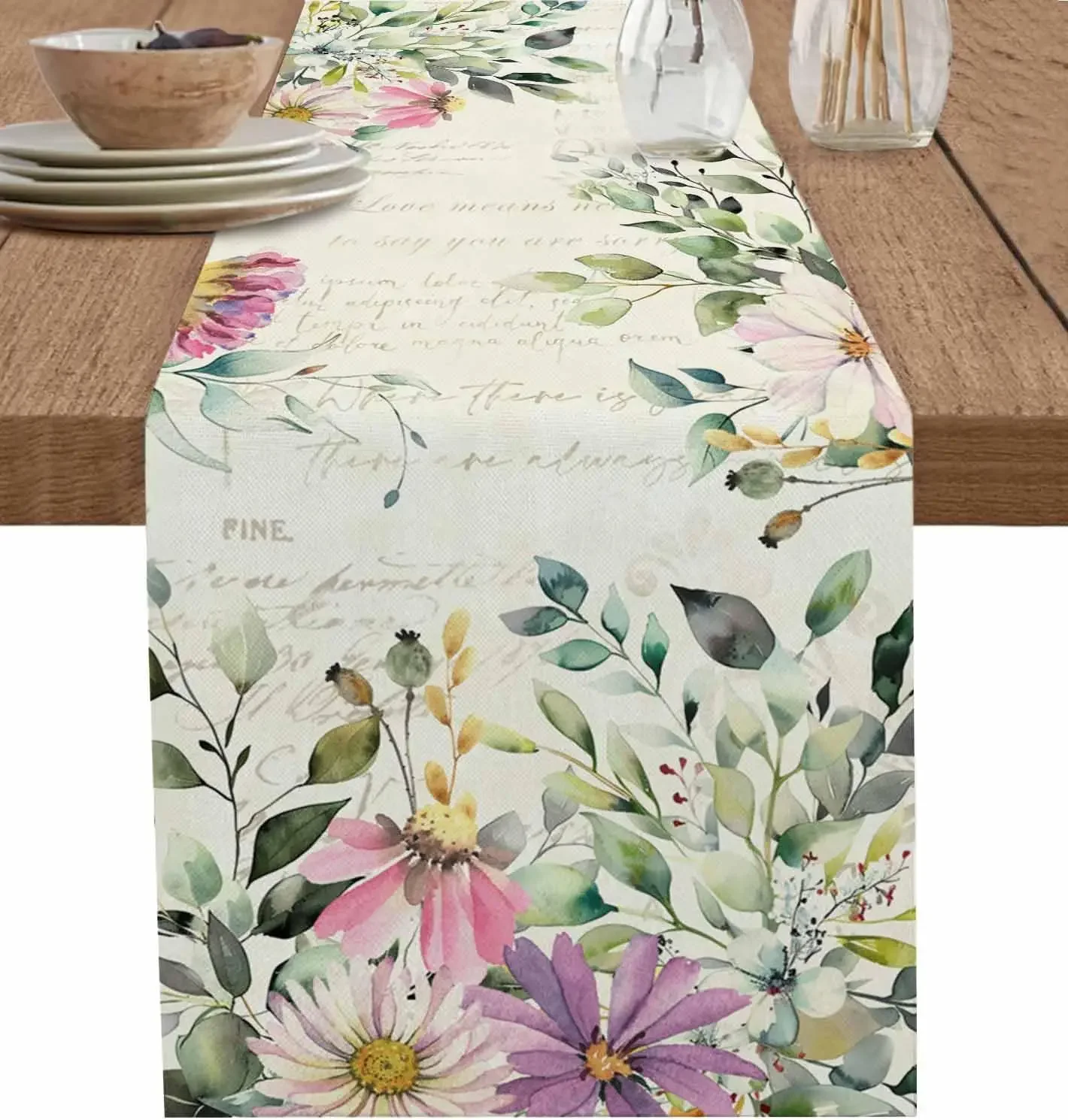 Spring Colorful Flower Linen Table Runner Holiday Party Decor Seasonal ...