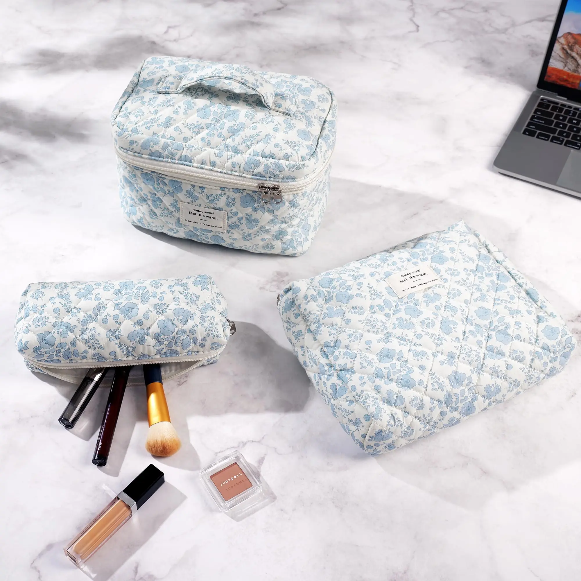 3Pcs Cotton Quilted Makeup Bag Set Women Zipper Cosmetic Organizer Female Cloth Handbag Portable Toiletry Case for Girls 6