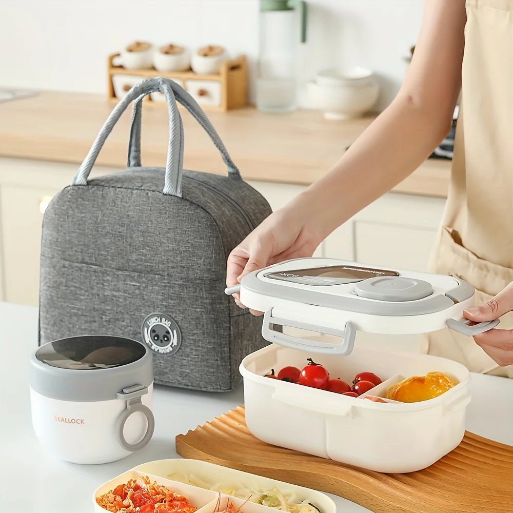 Large 43oz Salad Bowl, Bento-Style Tray for Toppings, 3oz Sauce Container for Dressings and Built-In Reusable Fork BPA Free