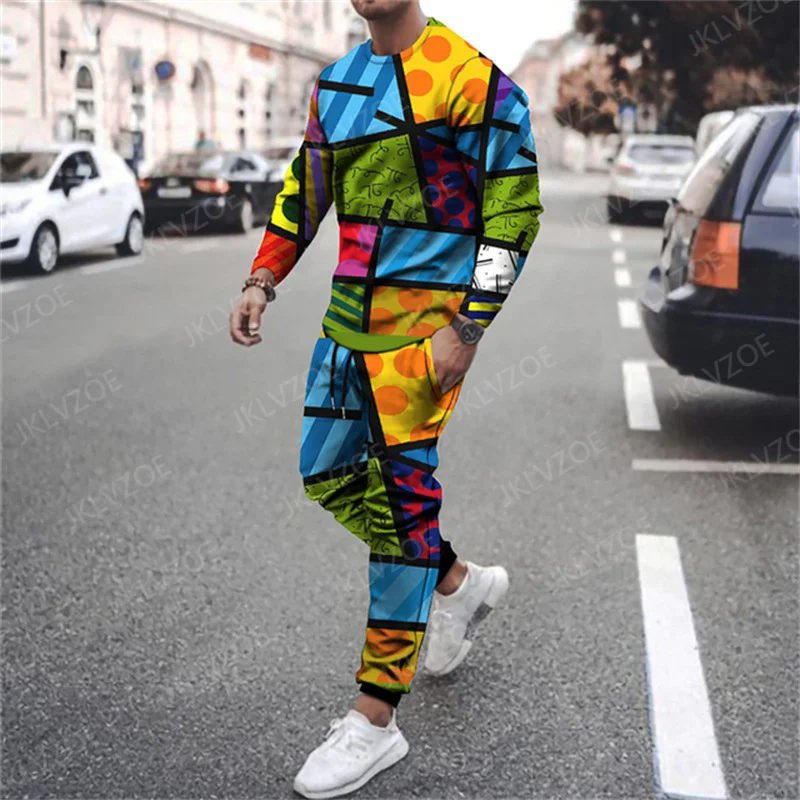Men Casual Tracksuit For Male Sport Two Piece Trendy 3D Print Vintage Outfit Long Sleeve Shirt Trousers Sets Pants Suit Clothes