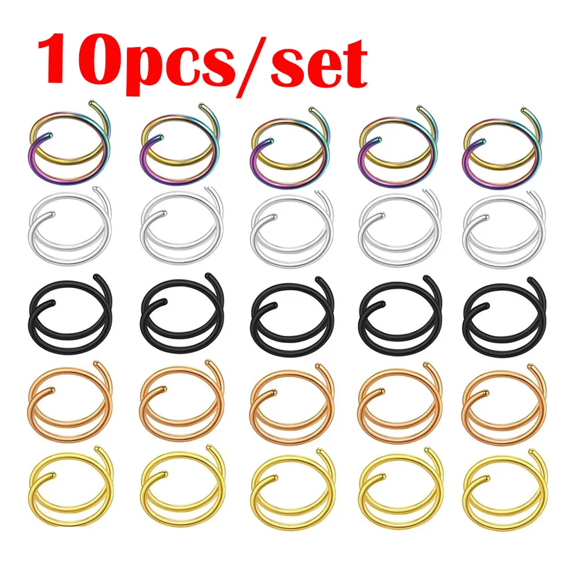 10/5/1pcs Stainless Steel Double Nose Hoop Ring Silver Color Spiral Nose Hoop Set for Women Men Nostril Piercing Jewelry