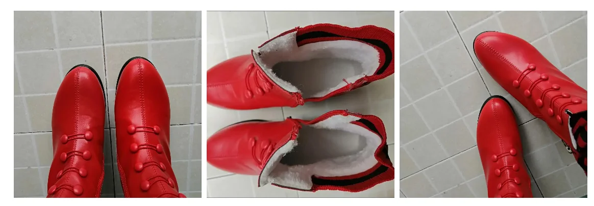Knöpfe rote Keil Socken Stiefel für Frauen Winter Fell gefüttert Kunstleder Schuhe weibliche Stiefeletten Damen Stiefeletten Frau Plattform Stiefel – Detail 3