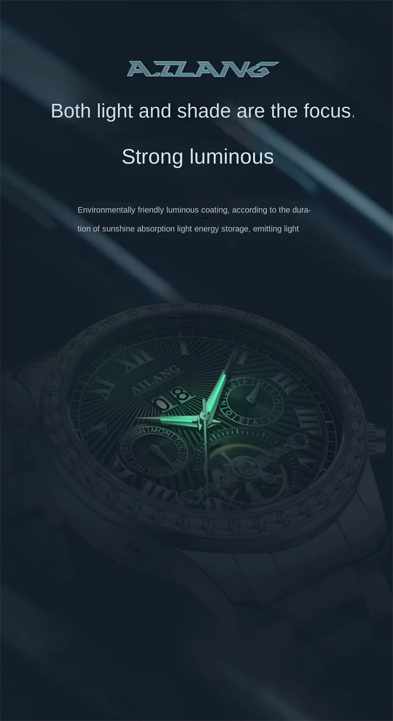 AILANG Orologio da polso di lusso Tourbillon luminoso impermeabile con data Orologio da uomo in acciaio inossidabile Orologi meccanici automatici da uomo Reloj_voghion.com
