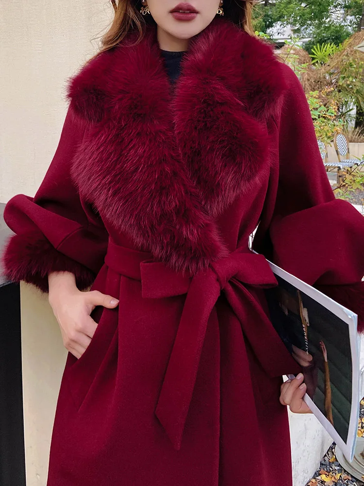 Luxury Big Fur Collar Lantern Sleeve Woolen Coat Female Autumn and Winter High Sense Long Sleeve Tied Waist Coats for Women