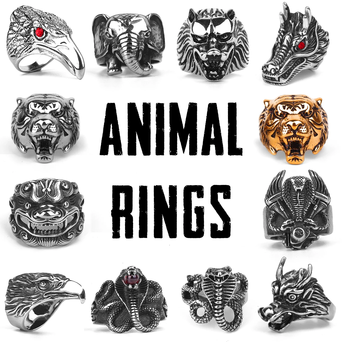 Stainless Steel Animal Men Rings Eagle Dog Dragon Bird Snake