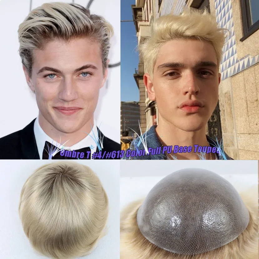 

Ombre Blonde Human Hair Men's Full PU Base Toupee For Male Wigs Straight Hair System Prosthesis Dark Brown Roots