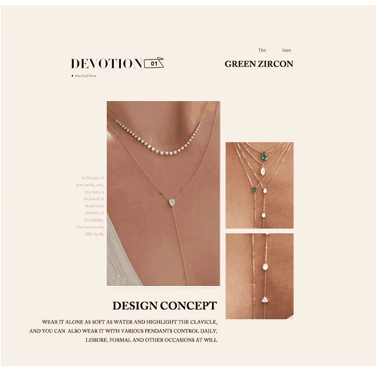 Hochwertige einfache doppelschichtige Tropfen-Charm-Halskette mit grünem CZ gepflastert für Damen, modischer klassischer Schlüsselbeinkettenschmuck – Detail 2