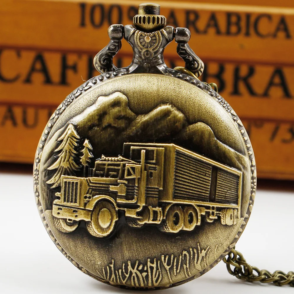 Montre À Quartz Vintage En Bronze Pour Homme, Montre De Poche À Motif De Camion De Voiture 3D, Collier Fob Jopendant, Horloge Cadeaux