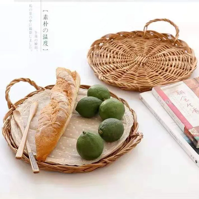 

Handmade Rattan Woven Tray Ornaments Nordic Household Bread Breakfast Fruit Storage Basket